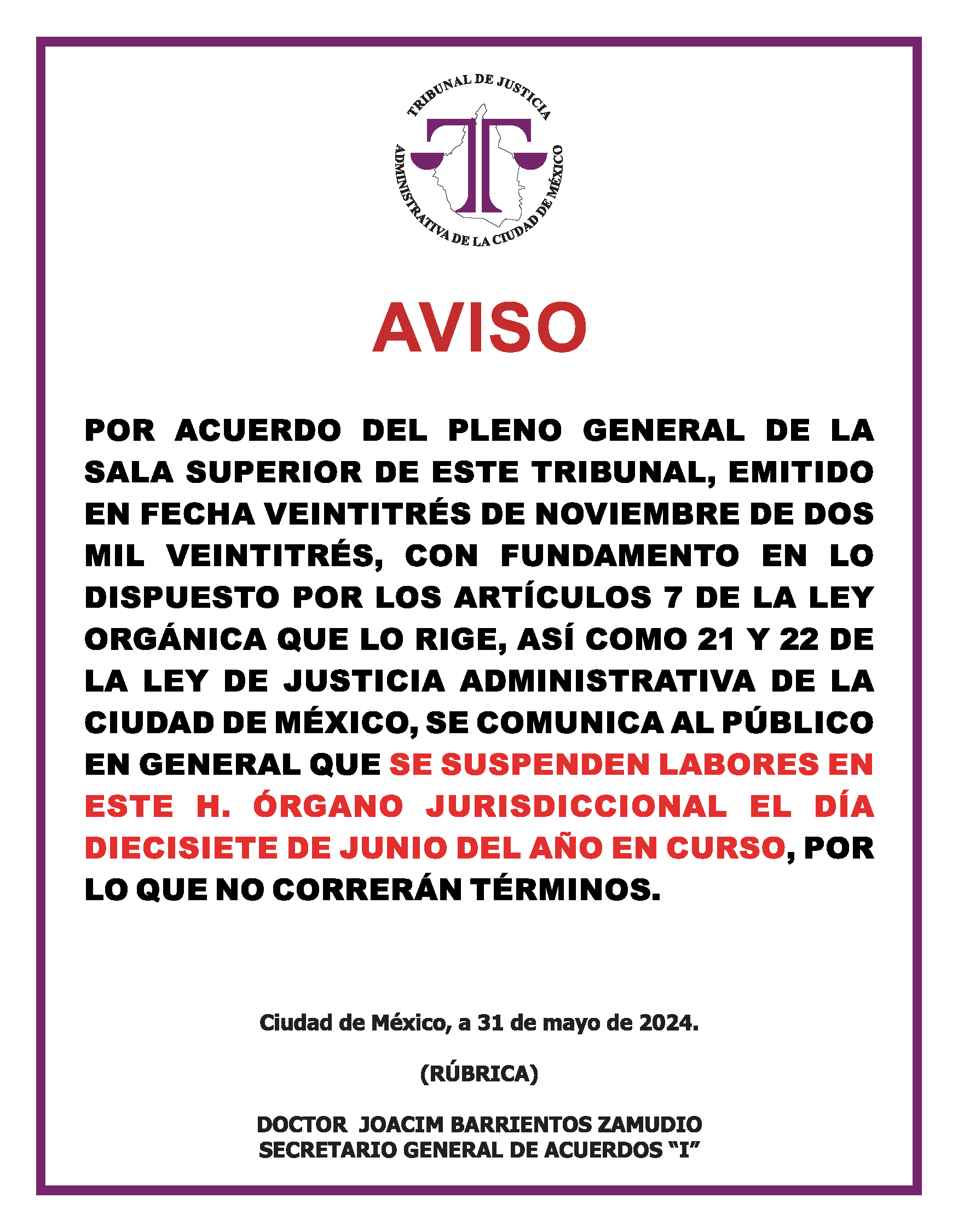 aviso dia inhabil