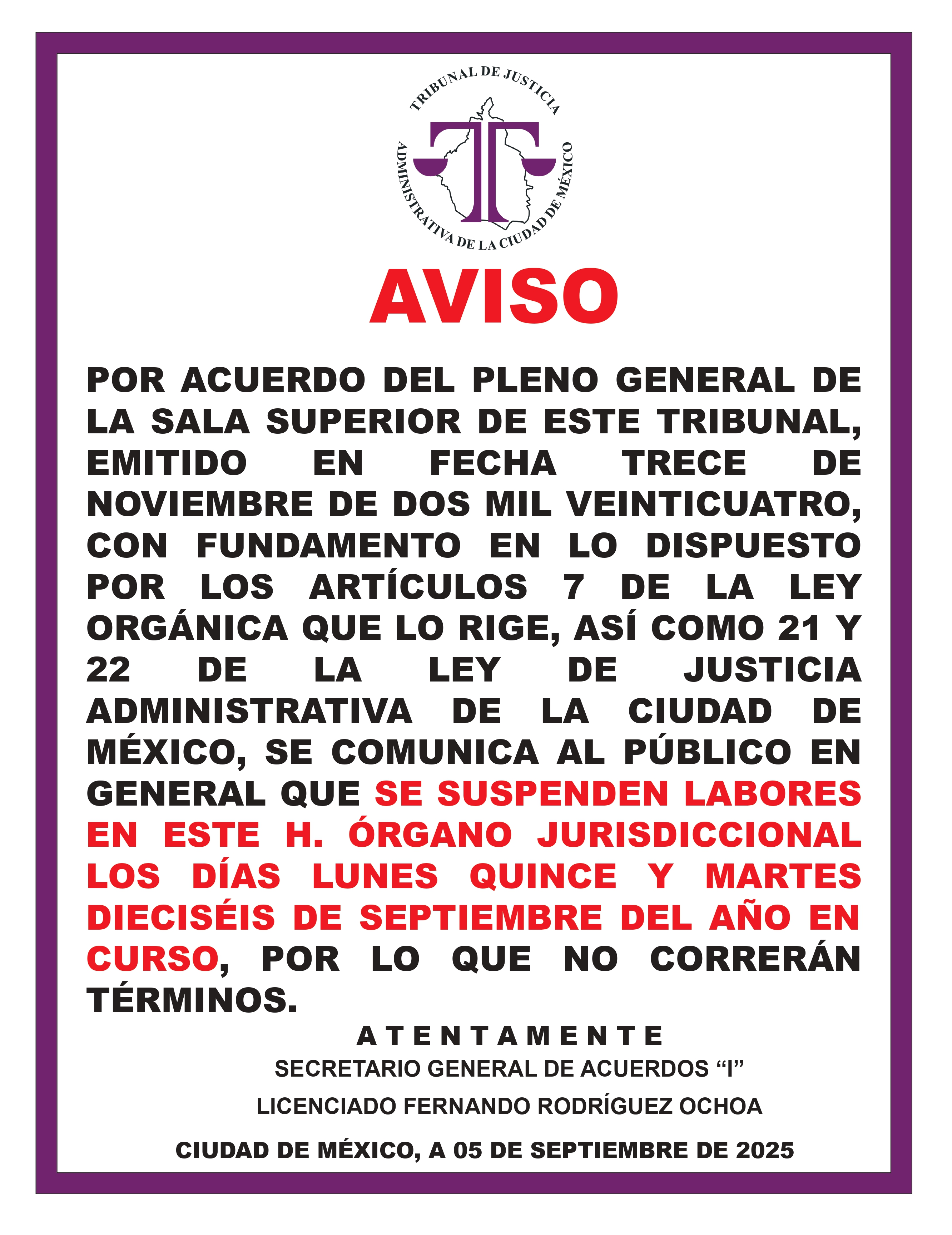 AVISO DIA INHABIL 15Y16SEPT