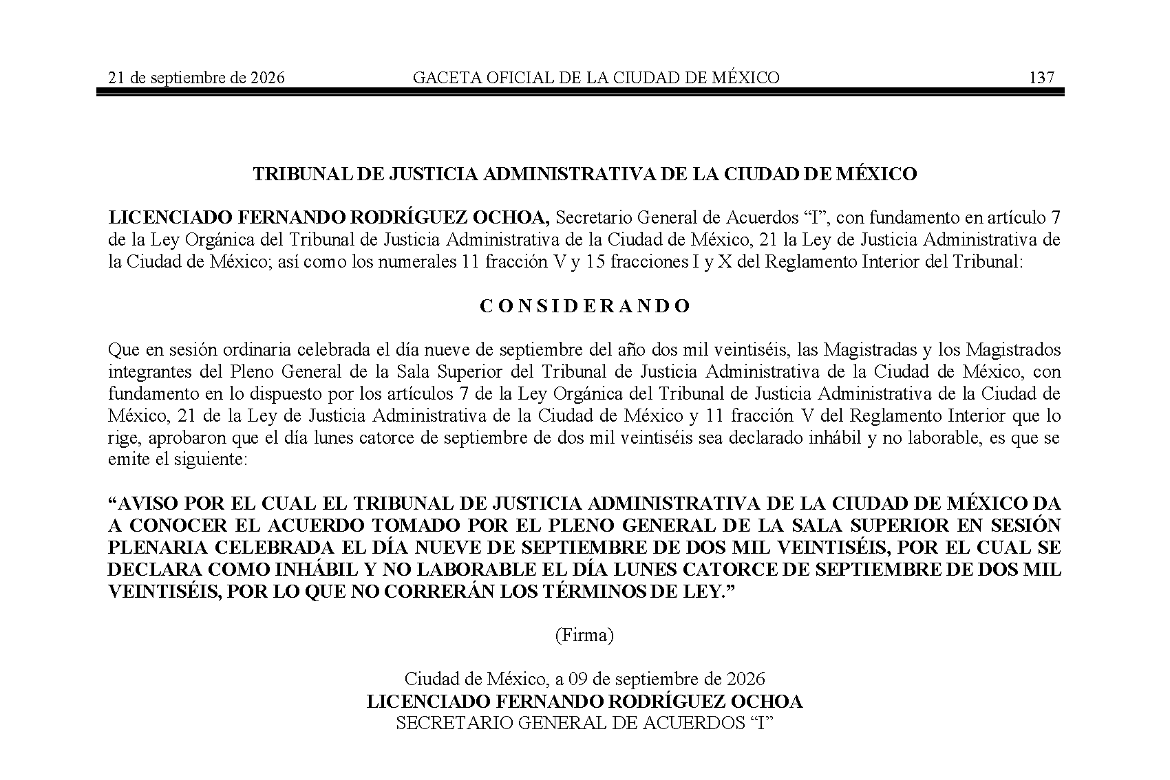 GOCDMX 21sep2026 dia inhabil catorce sept