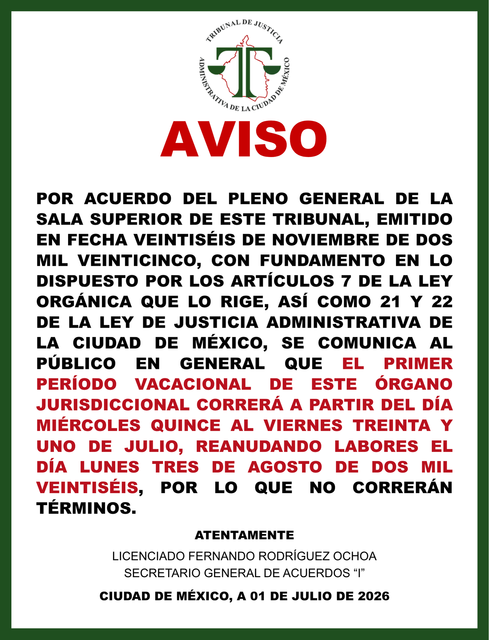 AVISO PRIMER PERIODO VACACIONAL